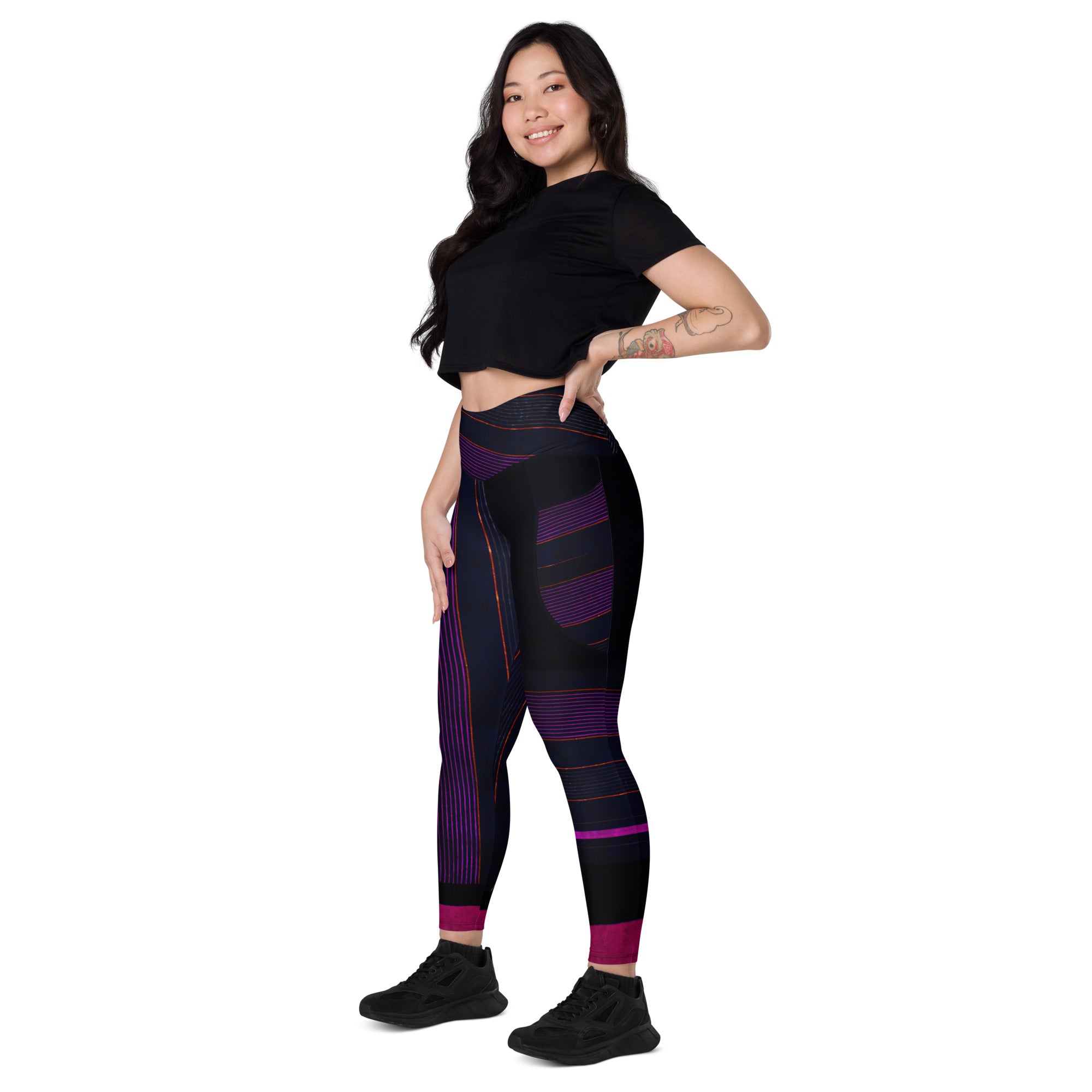 Black Gym Leggings with Pockets. Purple Pin Stripes Dance Leggings. Crossover Waist Yoga Pants. "Peppermint" by WickedYo.